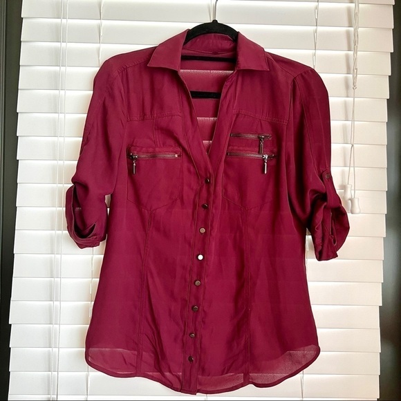 Bebe Burgundy Button Down Zip Pocket 3/4 Sleeve. Sz S πββοΈππ» - Picture 6 of 15